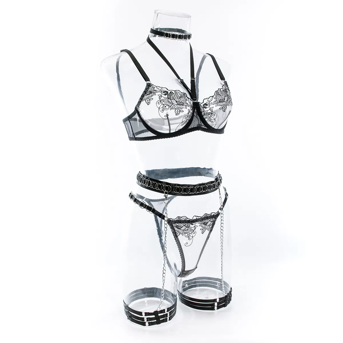 Wholesale Floral Embroidery See-Through Women Bra Set Sexy Necklace Metal Chain Lingerie