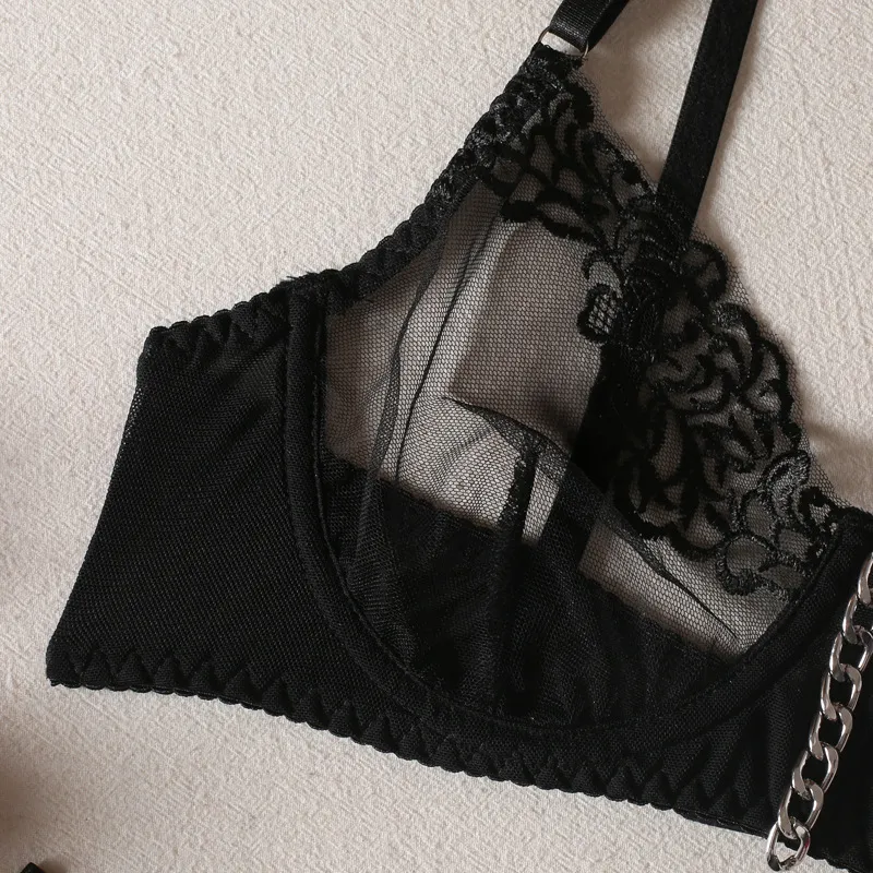 Sexy See-Through Woman Underwear Set with Metal Chain Wholesale Embroidery Floral Lingerie
