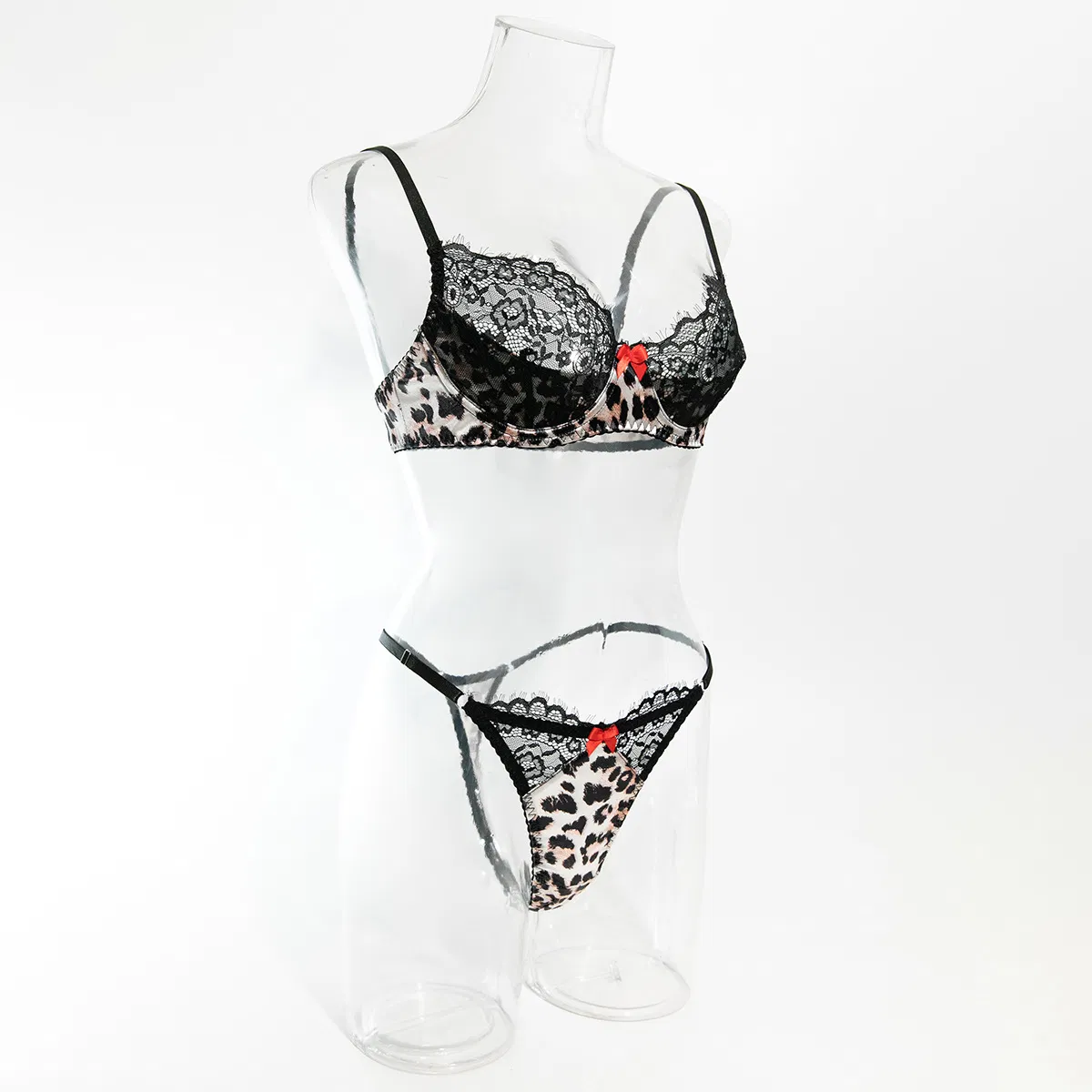 Sexy Leopard Print Ultra-Thin Bra and Thong Set Wholesale Transparent Woman Lingerie