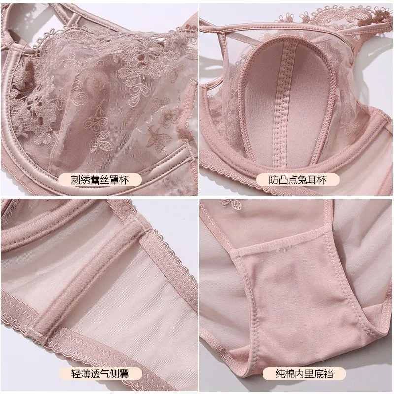 Sexy Cross-Strap Rabbit Ear Cup Lingerie Embroidered Lace Women's Push up Bra Set