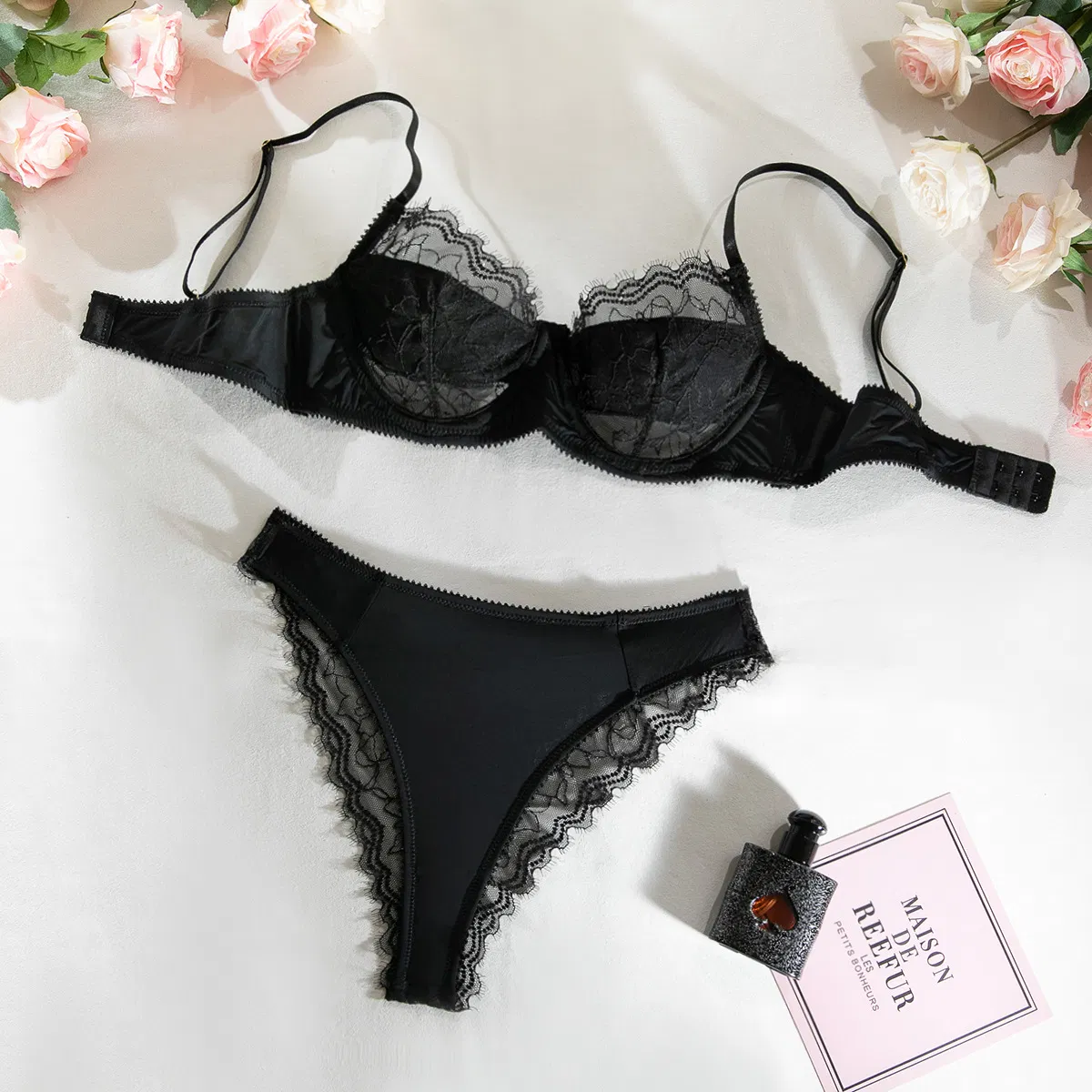 Wholesale Ultra Thin Underwear Set Sexy Flower Embroidery See Through Lingerie