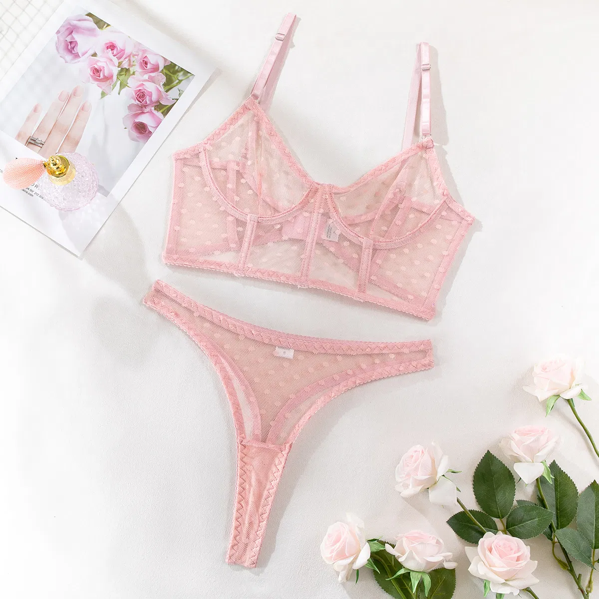 Sexy Fish-Bone Women's Underwear Set Wholesale See-Through Polka Dots Mesh Lingerie