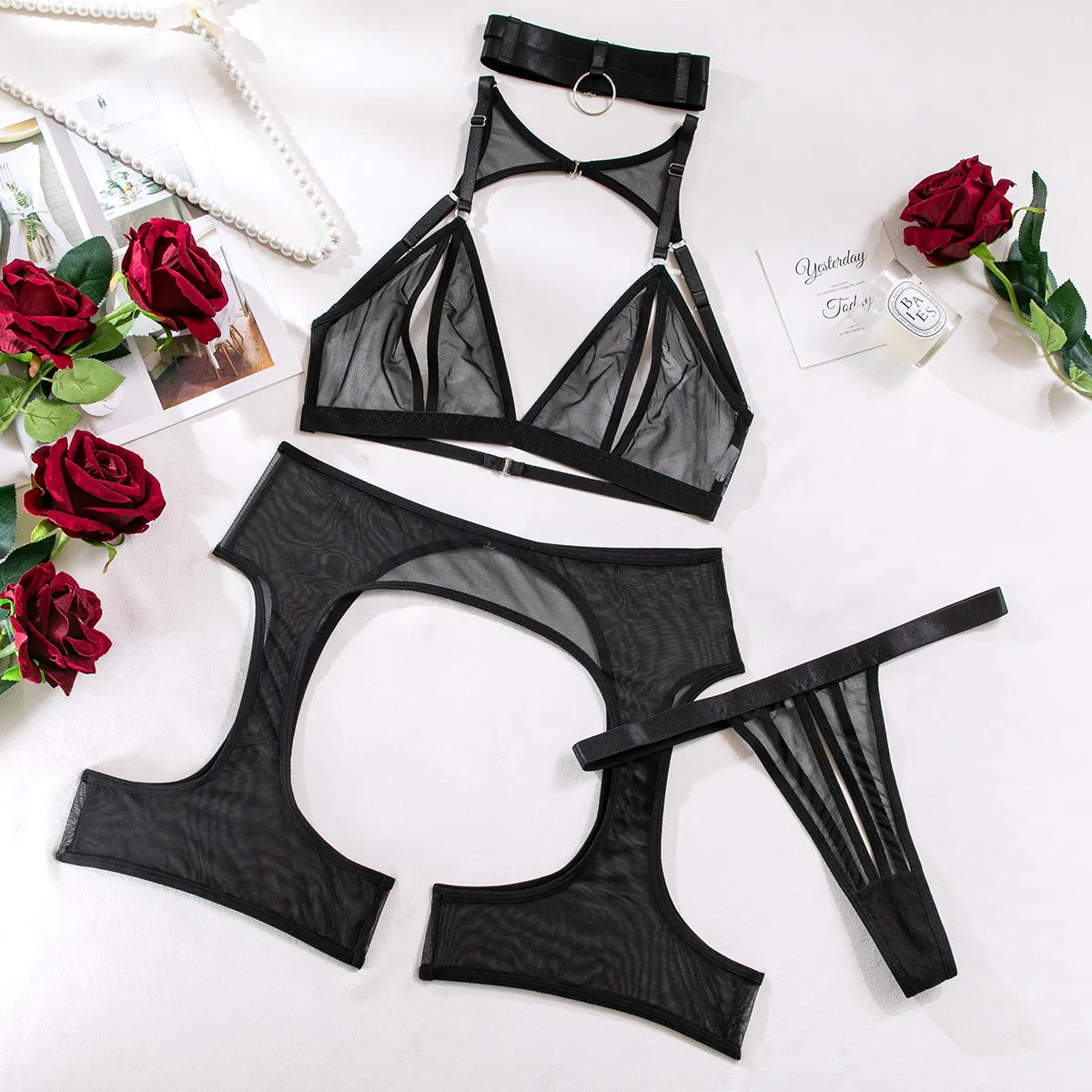 Sexy Erotic Open Crotch Four Piece Underwear Set New Perspective Mesh Woman's Lingerie
