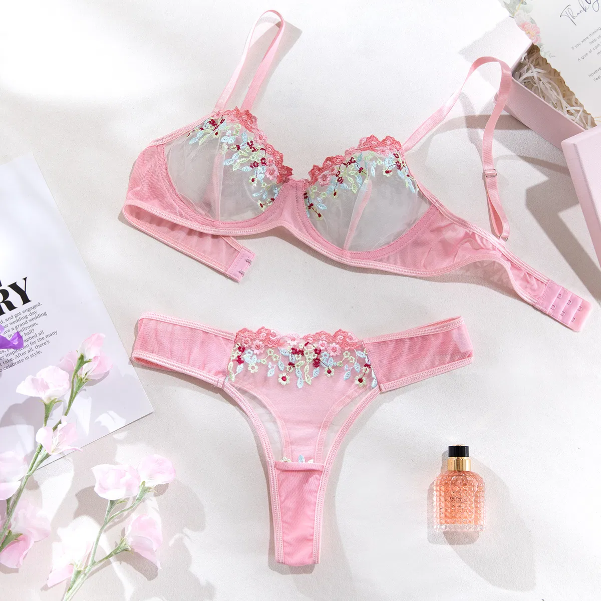 Sexy See-Through Mesh Pink Floral Embroidery Bra Set Hot Selling Women Lingerie