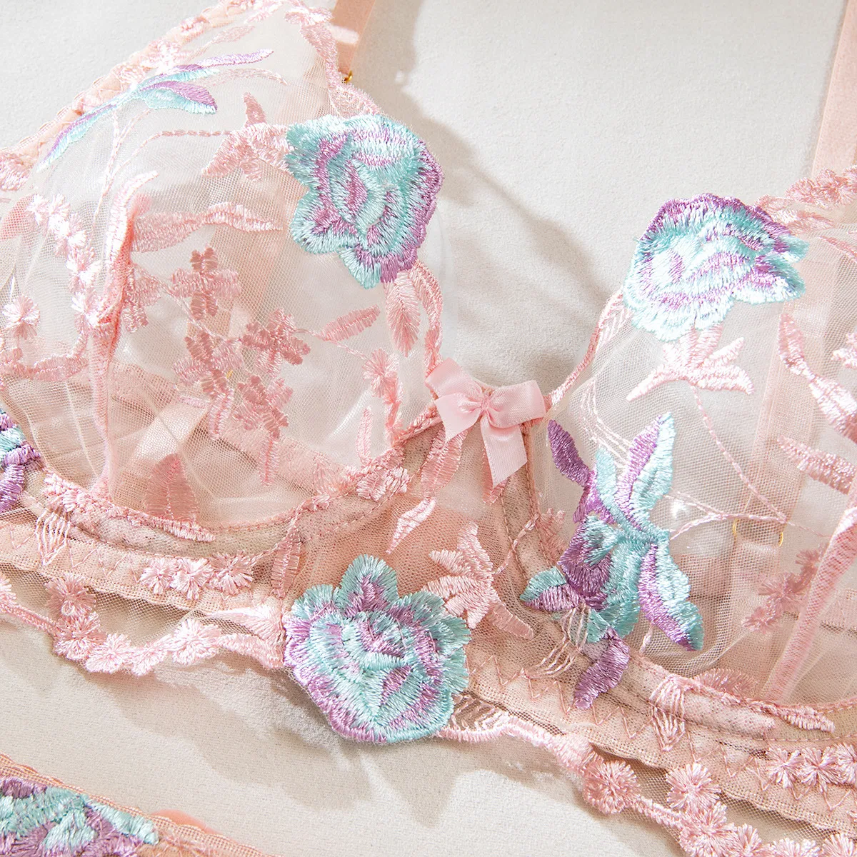 Wholesale Ultra-Thin Floral Embroidery Lace Underwear Set Sexy Transparent Mesh Lingerie