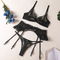 Sexy Embroidery Lace Garters Belt Bra and Panties Set Wholesale See-Through Mesh 3PCS Lingerie