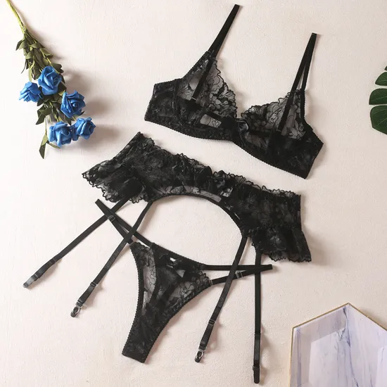 Sexy Embroidery Lace Garters Belt Bra and Panties Set Wholesale See-Through Mesh 3PCS Lingerie