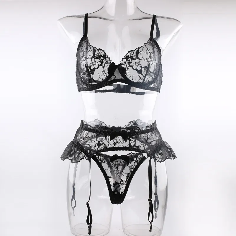 Sexy Embroidery Lace Garters Belt Bra and Panties Set Wholesale See-Through Mesh 3PCS Lingerie