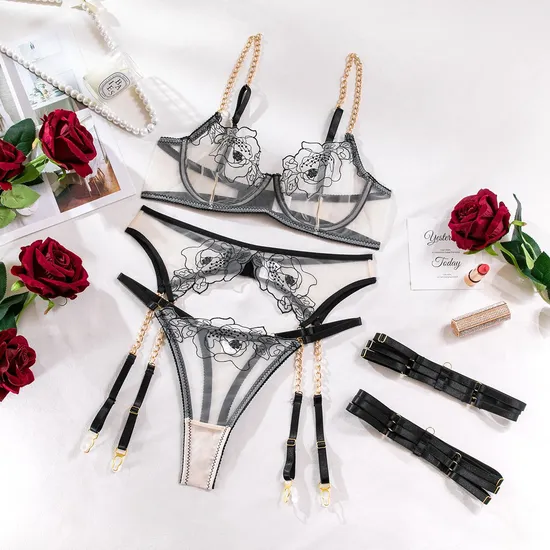 Sexy Embroidery Flower Bra Panty Set Wholesale Metal Chain See-Through Women's Lingerie