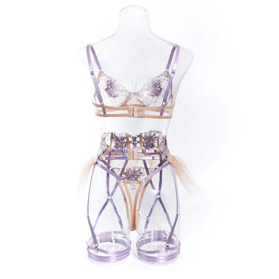 Sexy See-Through Mesh Small Skirt Bra and Panties Set Wholesale Embroidery Lace Lingerie