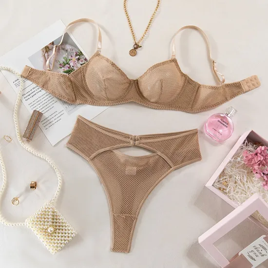 Sexy Erotic Two-Piece Bra and Panty Set for Women Wholesale See-Through Fishnet Mesh Lingerie