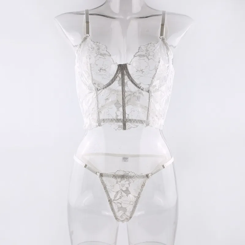Wholesale Embroidery Lace Fishbone 2 Piece Underwear Set Sexy Erotic Women's Lingerie