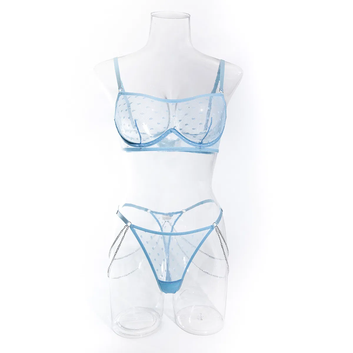 Sexy Blue Polka DOT Metal Chain Women Underwear Set Wholesale Breathable 2PCS Lingerie