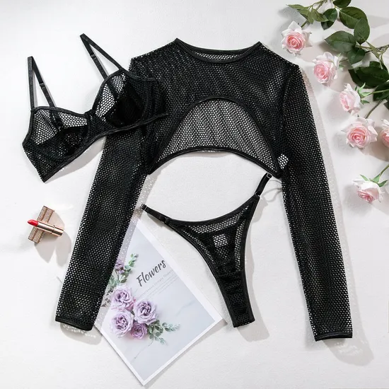 Sexy Long Sleeve Fishnet Mesh Woman Underwear Set Hot See-Through Solid Color Lingerie