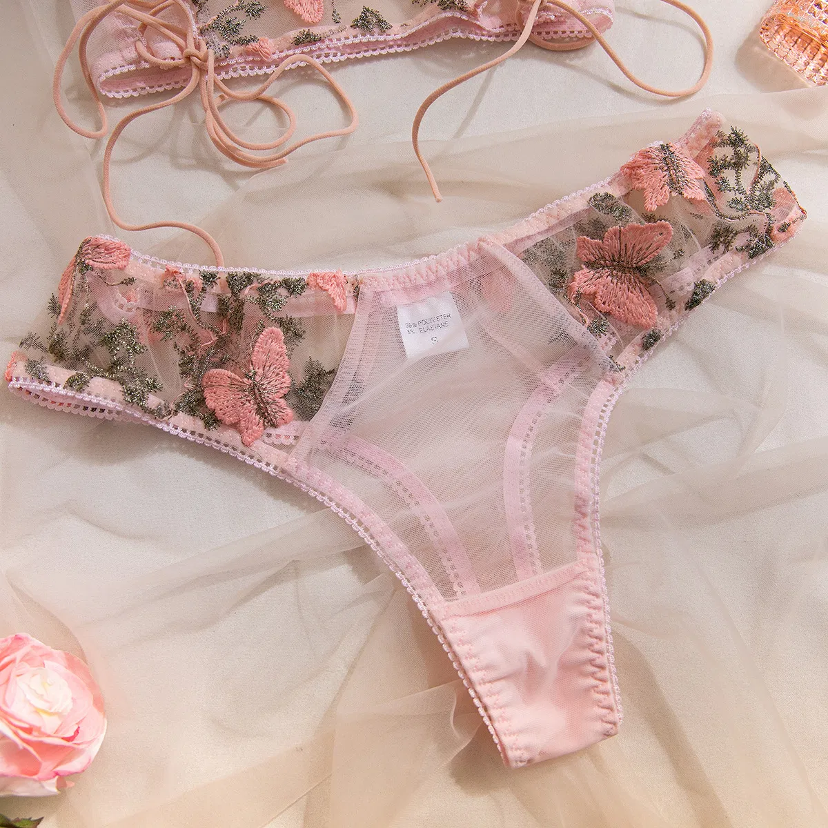 Wholesale Floral Embroidery Bubble Sleeve Underwear Set Sexy See-Through 2-Piece Lingerie