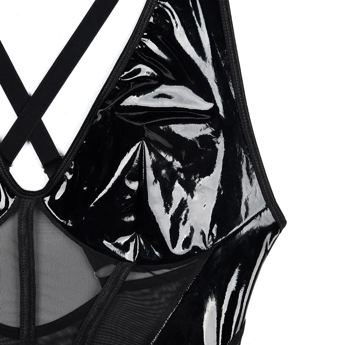 Wholesale Erotic V Neck PU Leather Underwear Set Sexy Sleeveless See-Through Lingerie