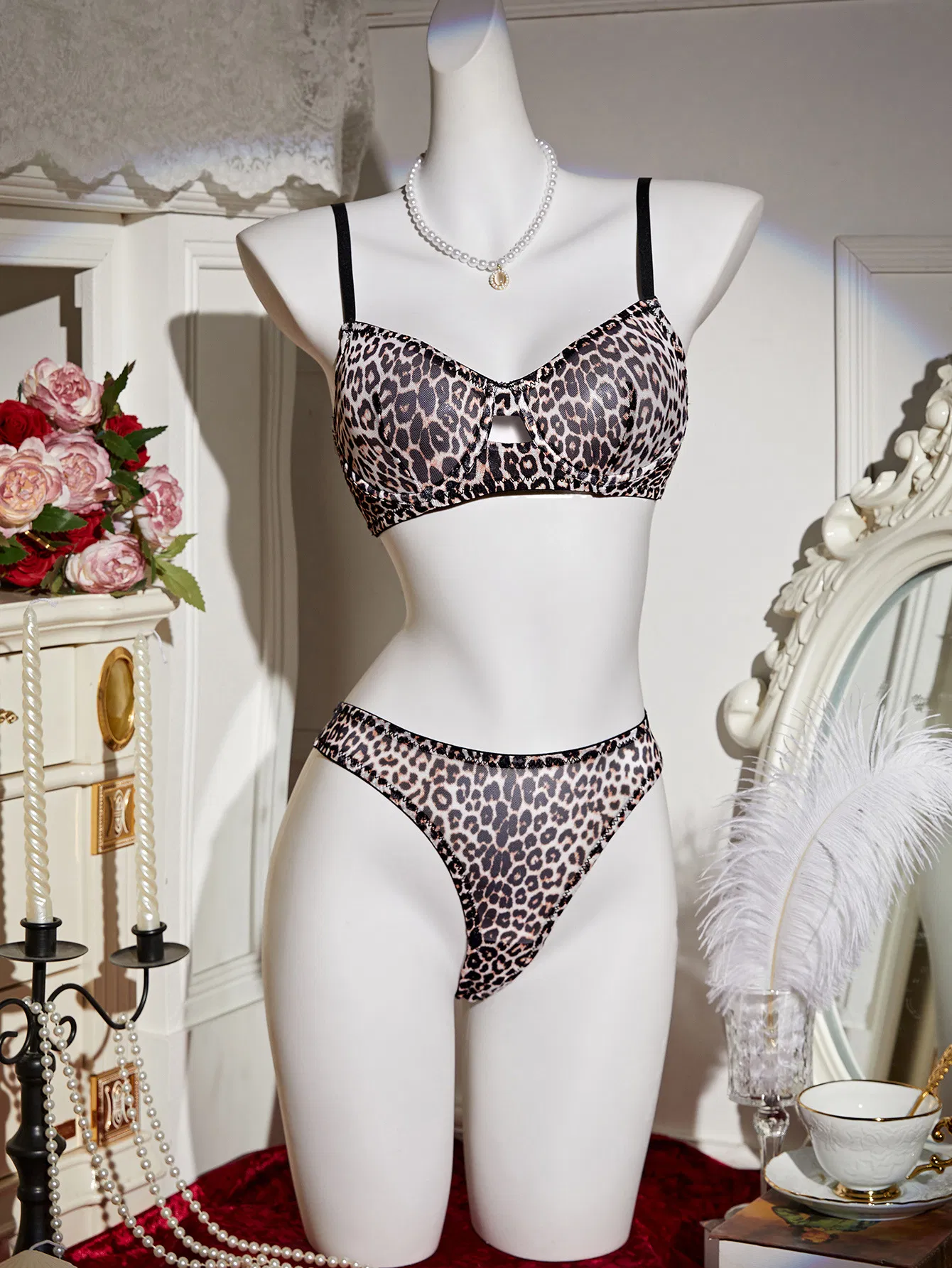 Wholesale Transparent Leopard Print Two-Piece Bra Set Sexy Thin Woman Lingerie
