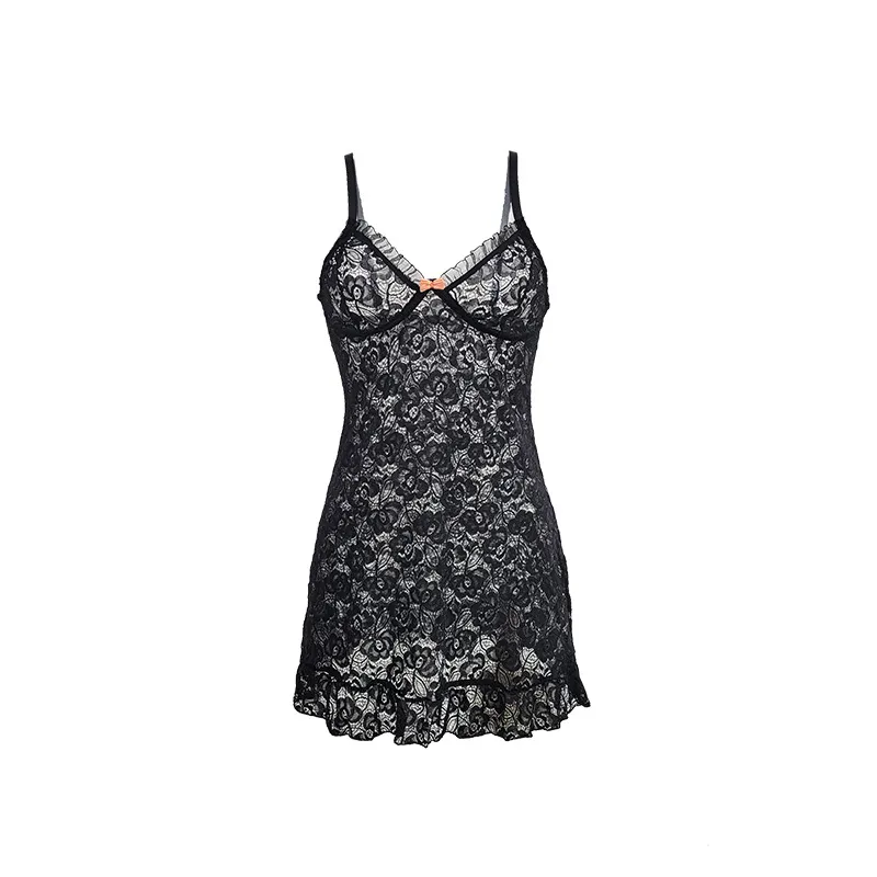Sexy Transparent Embroidery Lace Dress Women Sleepwear Hot Breathable Solid Color Nightwear