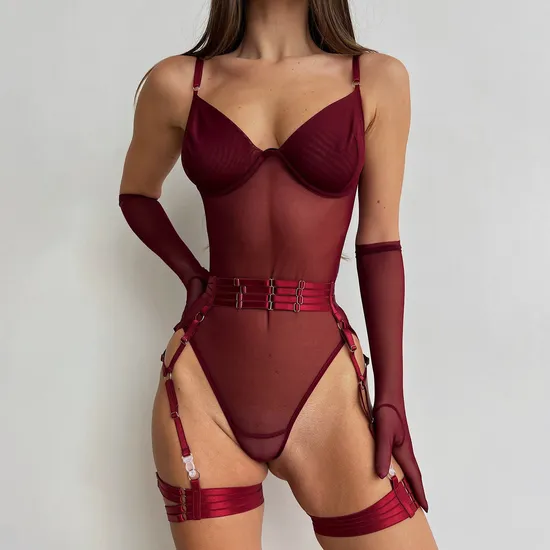 Sexy See-Through Mesh One-Piece Bra Set with Gloves Hot Sale Solid Color Bandage Lingerie