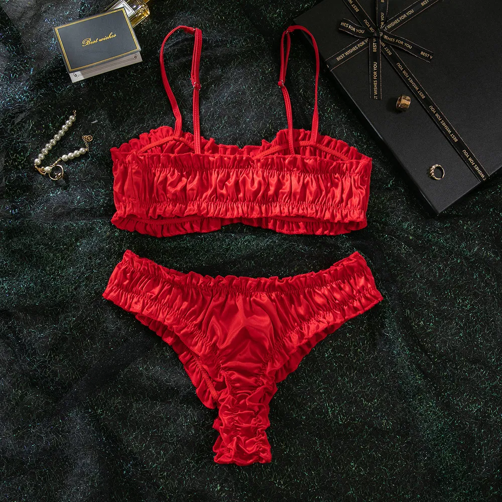 Sexy Two Piece Woman Bra Set Wholesale Solid Color Satin Luxury Lingerie