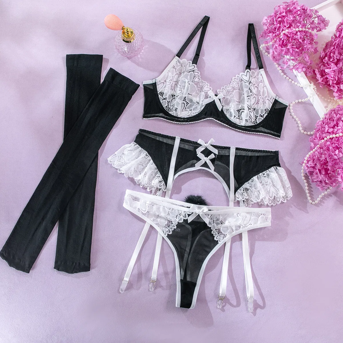 New Transparent Women Bra and Panty Set Sexy Embroidered Lace Mesh Patchwork Lingerie