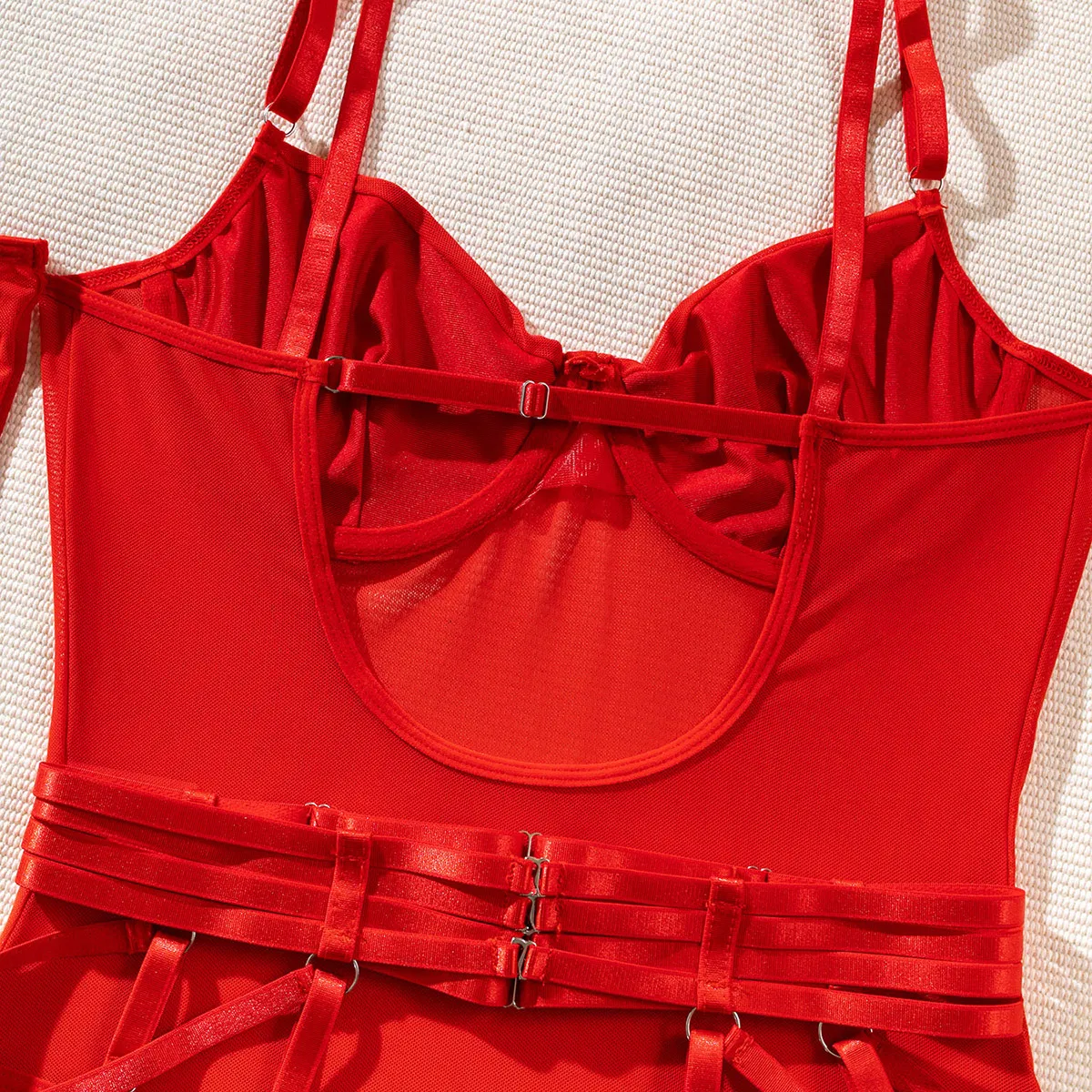 Sexy See-Through Mesh One-Piece Bra Set with Gloves Hot Sale Solid Color Bandage Lingerie