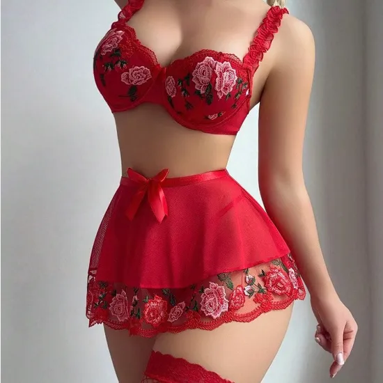 Sexy Embroidery Underwear Set for Woman Wholesale Perspective Mesh Lingerie
