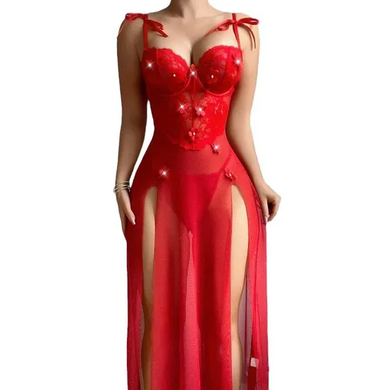 Wholesale Transparent Mesh Underwear Set Sexy Embroidery Flower Pearl Lingerie
