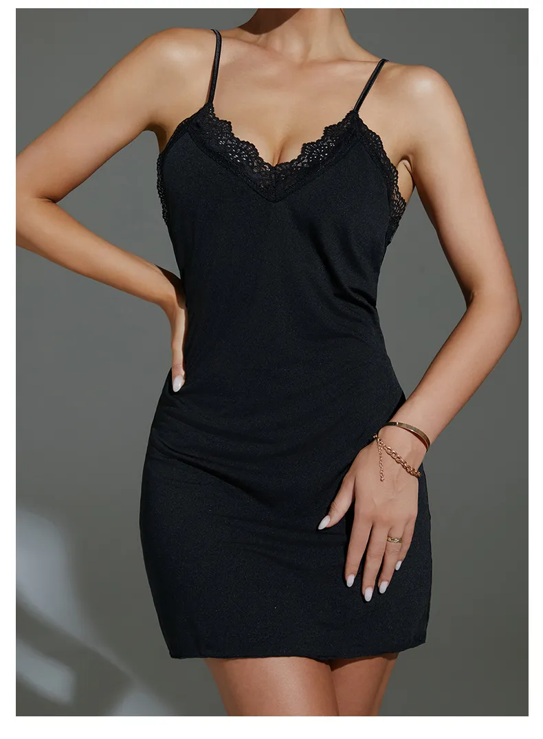 Sexy V-Neck Solid Color Milk Silk Sleepwear Dress New Fashion Lace Women Nightwear