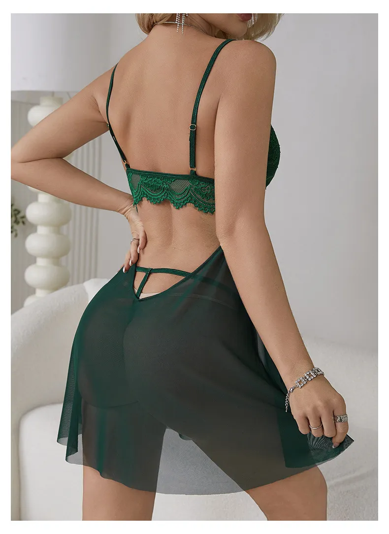 Sexy Hollow Lace Suspender See Through Sleepwear Wholesale Chain Embroidery Nightwear