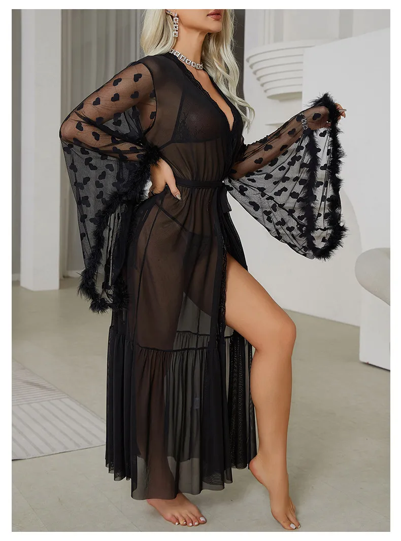 Sexy Long Sleeve Transparent Women Pajamas Sleepwear Wholesale Lace Deep V Bath Robe