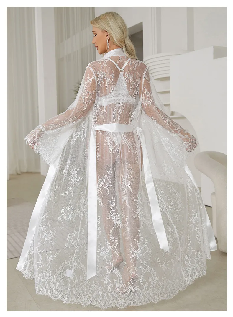 Wholesale Mesh Long Transparent Lace Sleepwear Pajamas Sexy Luxury Women Bath Robe
