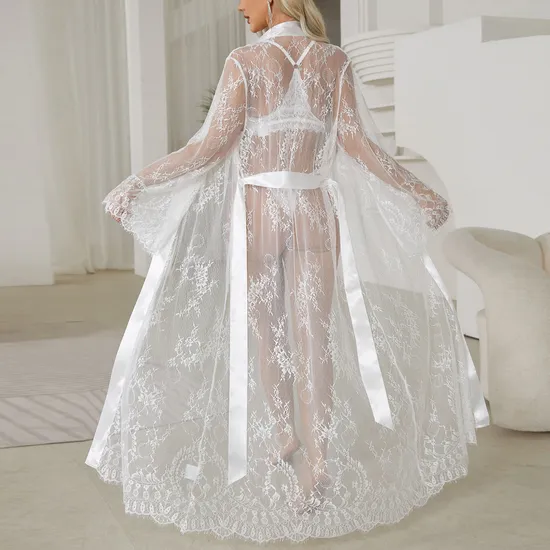 Wholesale Mesh Long Transparent Lace Sleepwear Pajamas Sexy Luxury Women Bath Robe