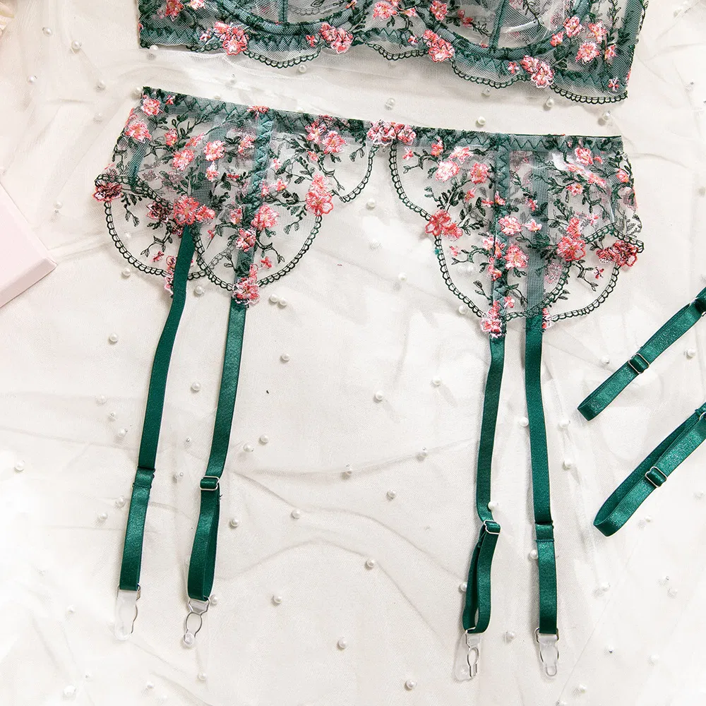 New Flower Embroidery Bra Brief Set Sexy High Quality See-Through Mesh Woman Lingerie
