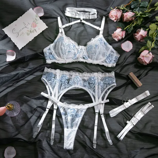Wholesale Embroidery Floral Underwear Set Sexy Transparent Mesh Woman Lingerie