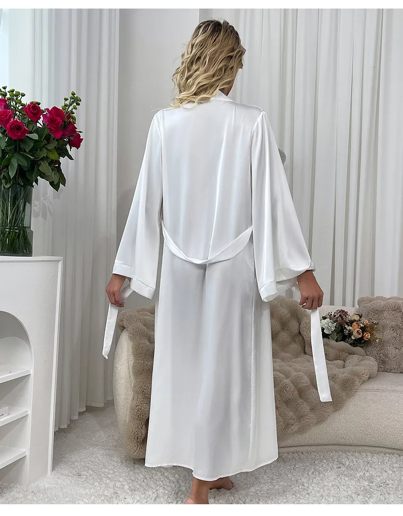 Wholesale Solid Color Satin Sleepwear Sexy Long Sleeve Woman Silk Night Robe