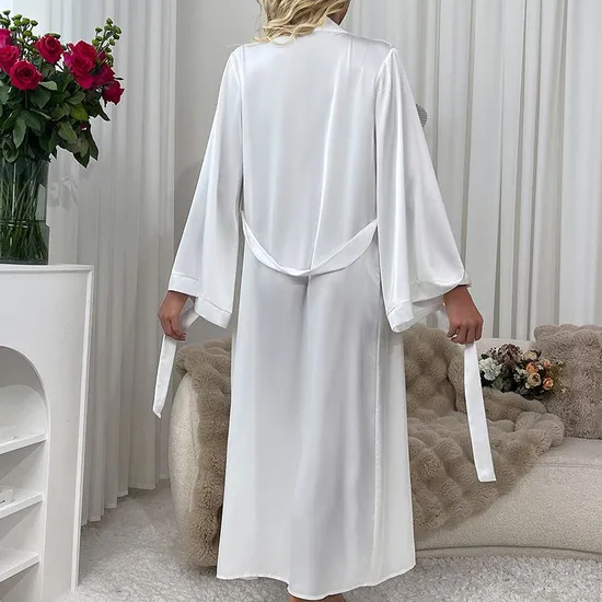 Wholesale Solid Color Satin Sleepwear Sexy Long Sleeve Woman Silk Night Robe