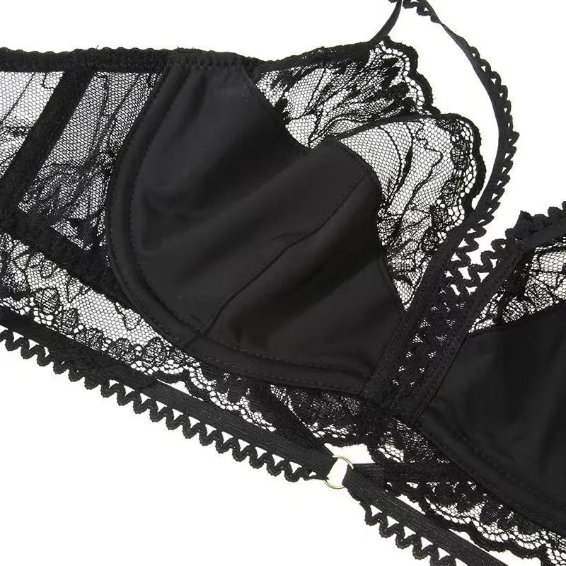 New Style French Transparent Embroidery Lace Trim Breathable Ultra-Thin for Women Soft Bra Underwear Sexy Lingerie Set
