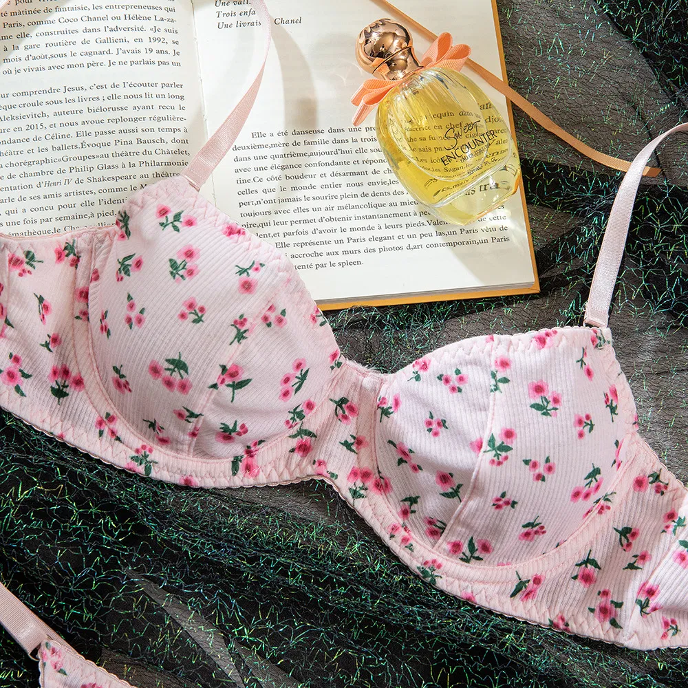 New Fashion Floral Print Two-Piece Bra Set Sexy See-Through Women Lingerie