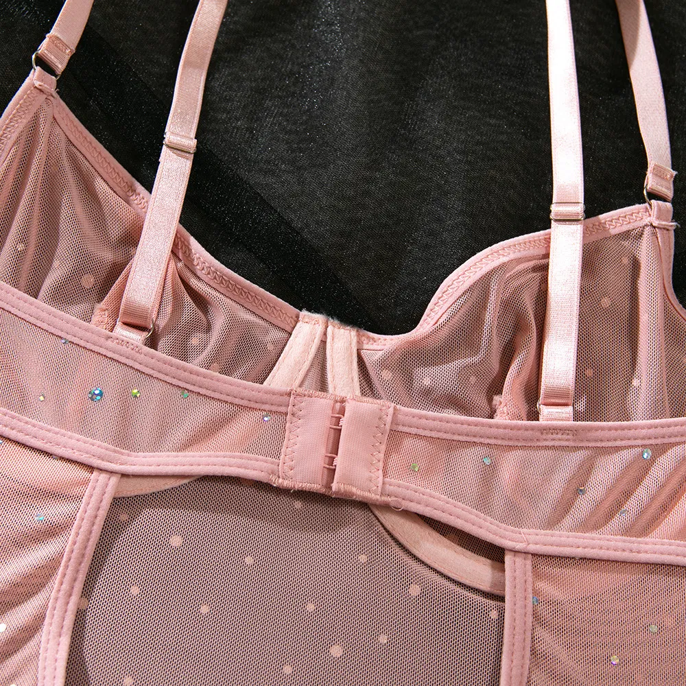Sexy Perspective Mesh Bra Set with Gloves Hot Sell Sparkle Rhinestone One-Piece Lingerie