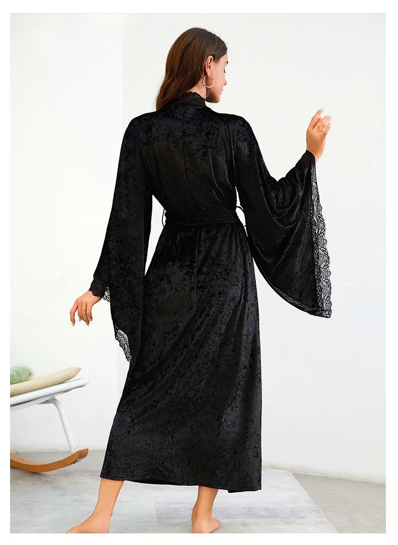 Sexy Luxury Sleepwear Nightwear Wholesale Velvet Lace Long Sleeve Woman Bath Robe