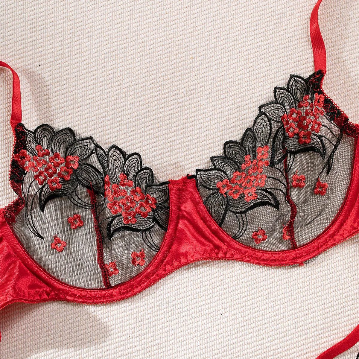 Sexy Embroidery Floral Ultra-Thin Underwear Set New Fashion Contrast Color Transparent Lingerie