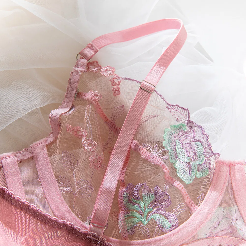 New Design Ultra-Thin Floral Embroidery Underwear Set Sexy Woman 2 Piece Lingerie