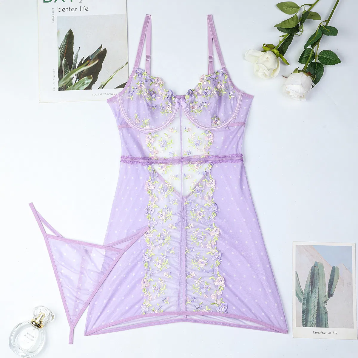Sexy Embroidered Floral Suspender Bra and Panty Sets Wholesale See-Through Mesh Lingerie