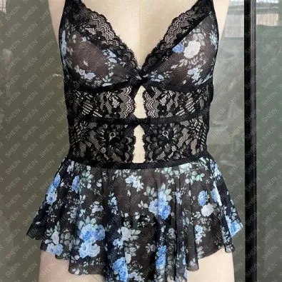 Wholesale Thin Flower Print One Piece Bra Set Sexy Deep V Neck Woman Transparent Lingerie