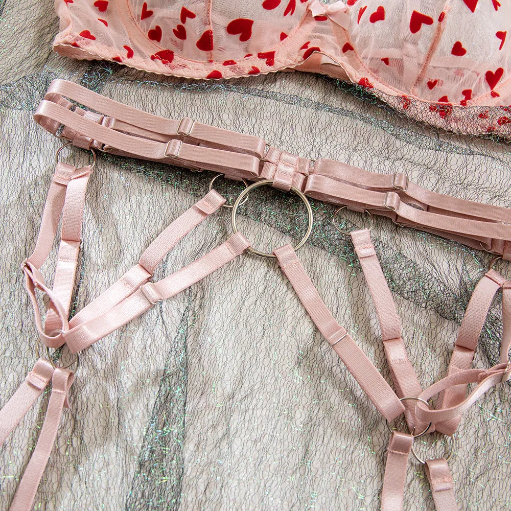 Sexy See-Through Women Bra Set with Embroidery New Red Heart Pattern Lingerie Set