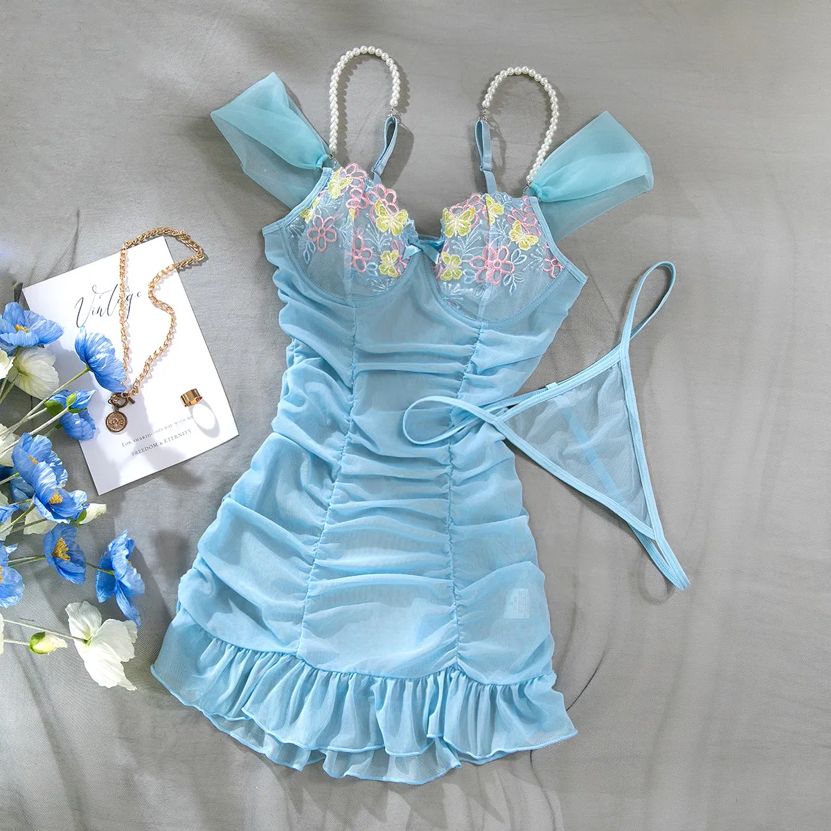 Sexy Ultral-Thin Short Skirt Underwear Set Wholesale Mesh See-Through Pearl Straps Lingerie