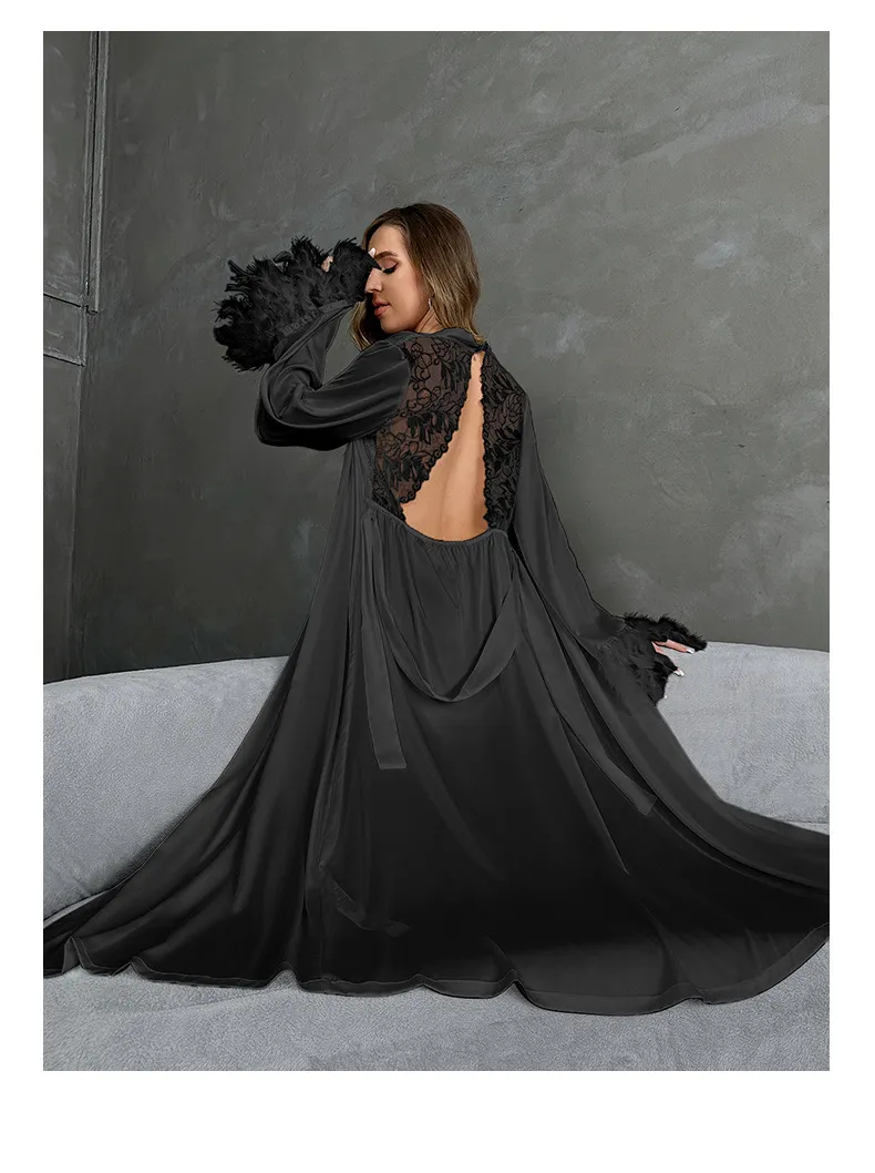 Wholesale V Neck Luxury Satin Sleepwear Sexy Long Sleeve Feather Cuff Women's Robe