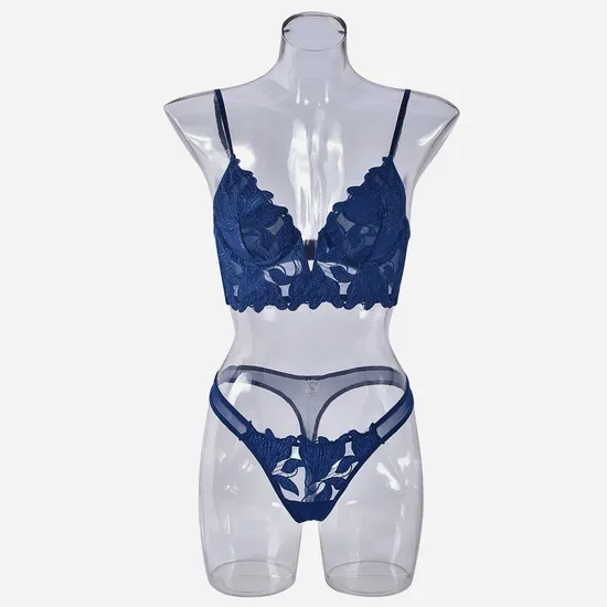Wholesale French Deep V Embroidery Patchwork Mesh Lace Ultra-Thin Bra Set Underwear Sexy Lingerie