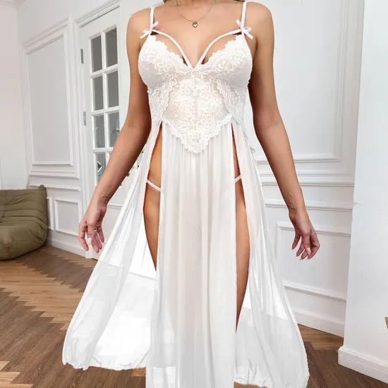 Sexy See Through Mesh Long Lingerie Women Sleepwear Hot V-Neck Embroidered Lace Nightwear